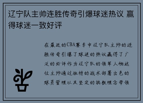 辽宁队主帅连胜传奇引爆球迷热议 赢得球迷一致好评