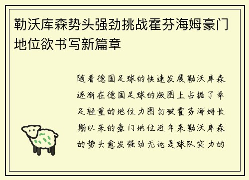 勒沃库森势头强劲挑战霍芬海姆豪门地位欲书写新篇章